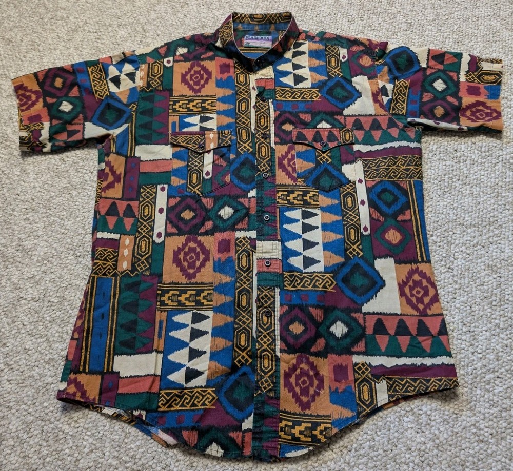 VTG Plainsman Western Aztec Pattern Multicolor Button Shirt L/XL