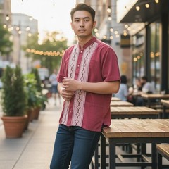 Mens Red Guayabera Embroidered Short Sleeve Shirt Mandarin Collar Size M 0192
