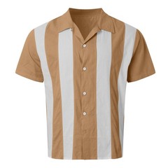 Summer color-block striped patchwork short-sleeved men’s Cuban collar shirt