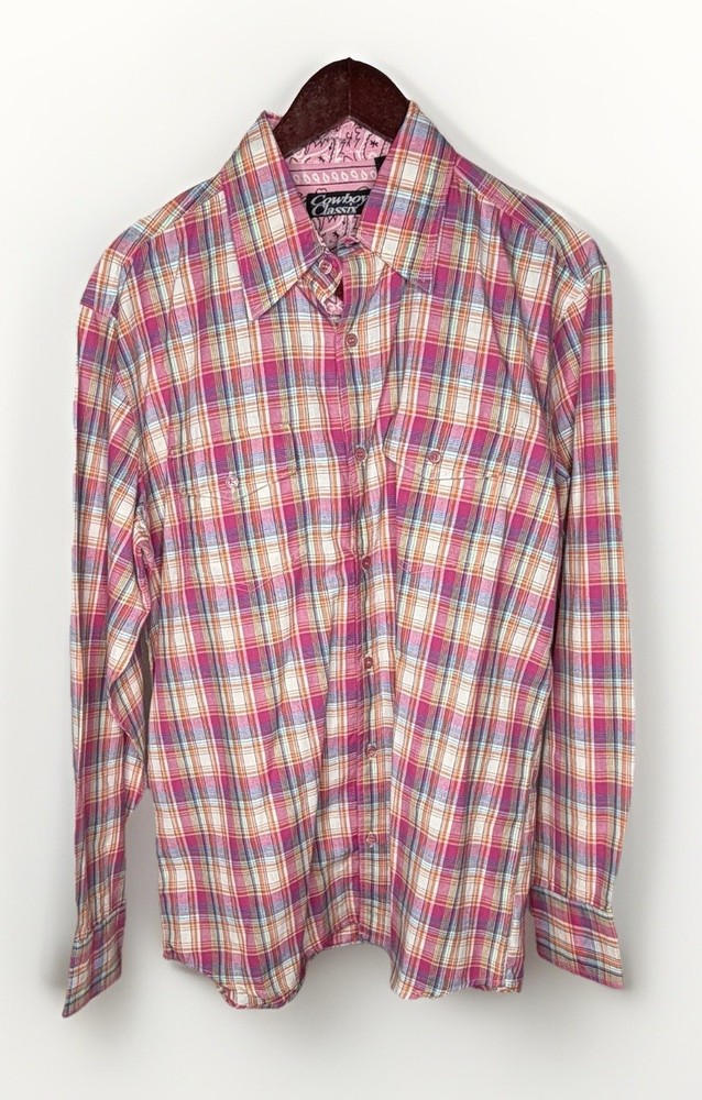 Cowboy Classix Western Button Down Shirt Pink Plaid 100% Cotton L