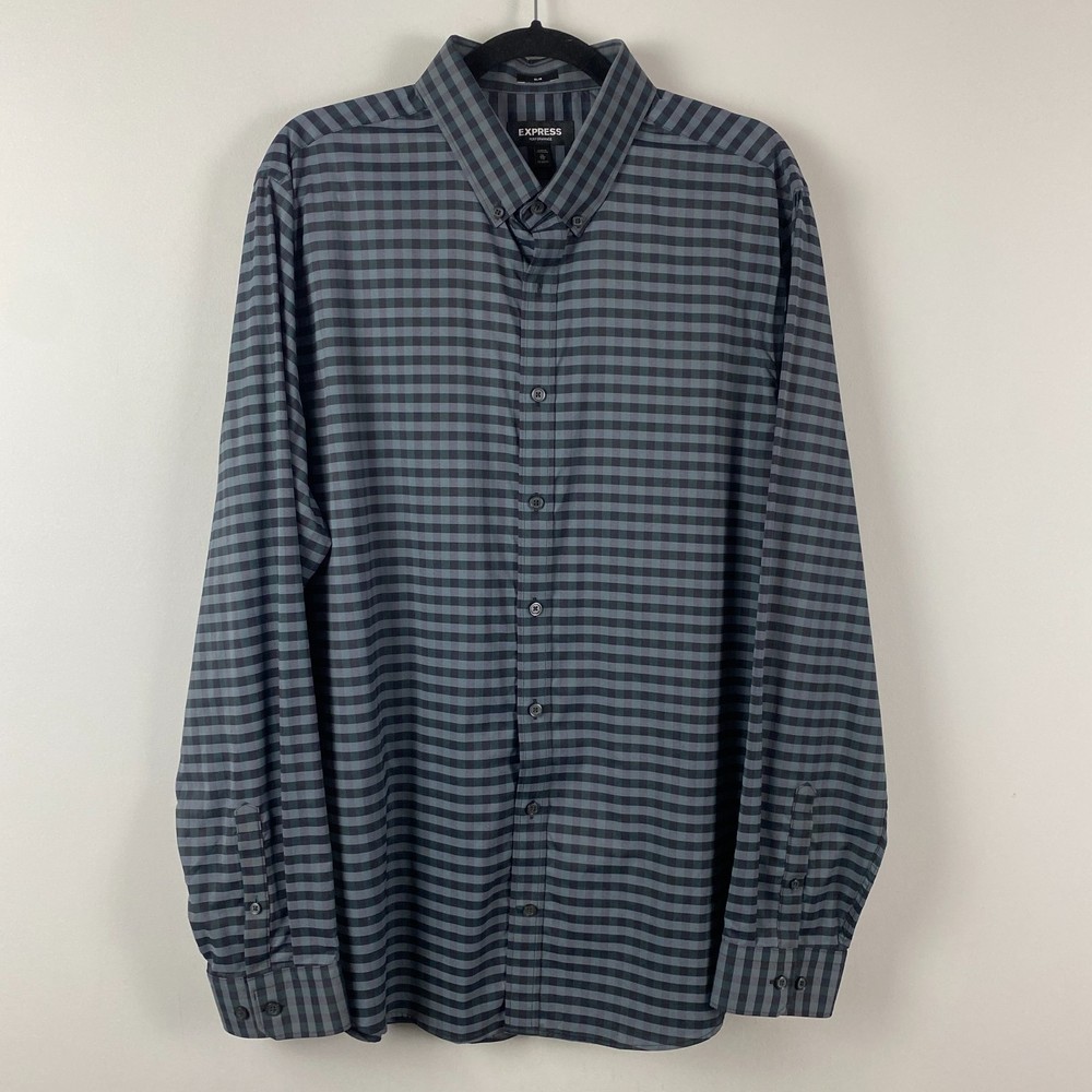 Express Performance Slim Fit Button Up Shirt Mens XL Gray Black Moisture Wick