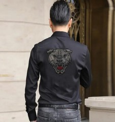 New Men Fashion Leopard Trend Rhinestones Hot Drilling Long Sleeve Button Shirt