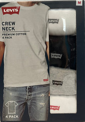 Levis 4 Pack Mens Crew-Neck Premium Cotton T-Shirts Size: M White/Black/Grey Tee