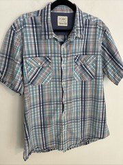 PD&C Men’s XL Short Sleeve Button-Down Front Pockets Collared Blue Striped Shirt