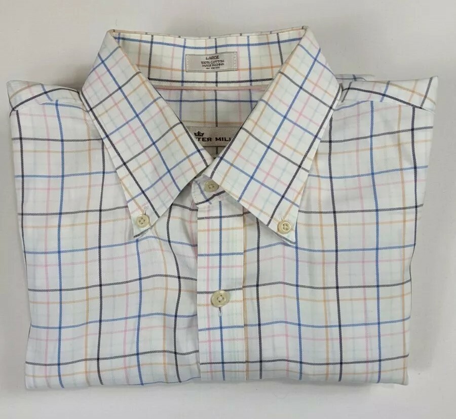 Peter Millar Nanoluxe Easy Care Button Down White Windowpane Shirt Men’s Large