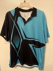 Men’s Size XL Polo Shirt Black, Aqua & Blue Geometric Gradient Short Sleeve