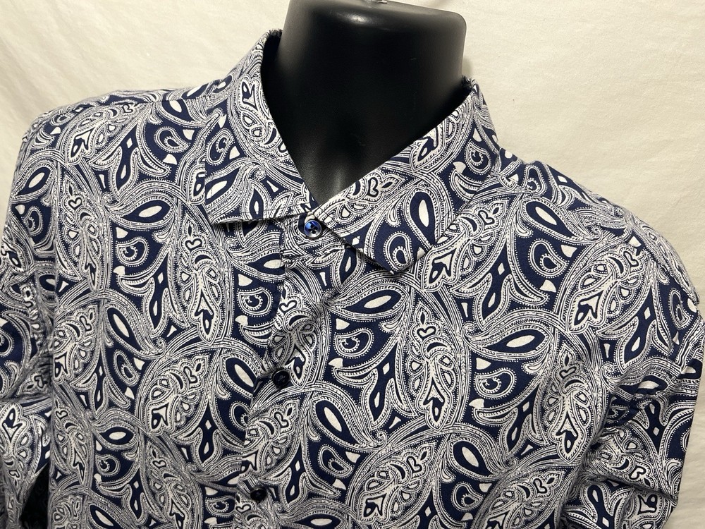 Consequence Button Up Shirt Mens Slim Fit Sz L 17 Blue Paisley L/S Stretch FL