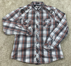 CJ Black Western Button Up Shirt Men’s XL Long Sleeve Red Gray Plaid Slim Fit