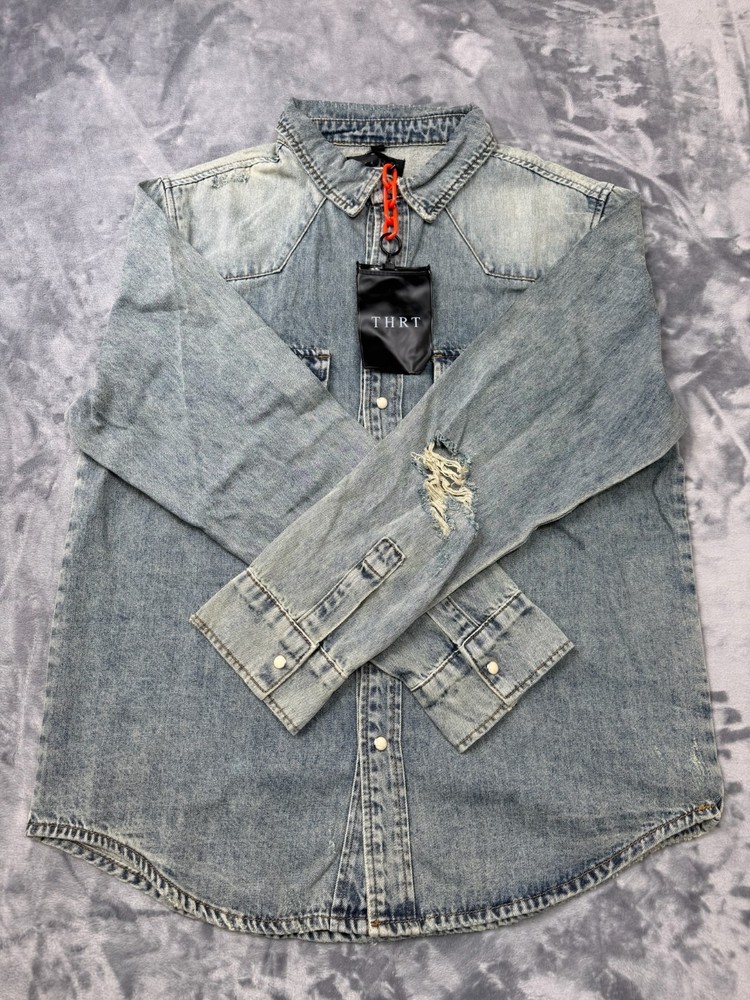 THRT Button Up Strauss Denim Jacket Size Large Distressed Pearl Buttoned NWOT