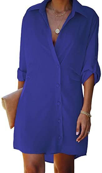 DEER LADY WOMENS BUTTON DOWN LONG SLEEVE CHIFFON SHIRT DRESS LARGE ROYAL BLUE