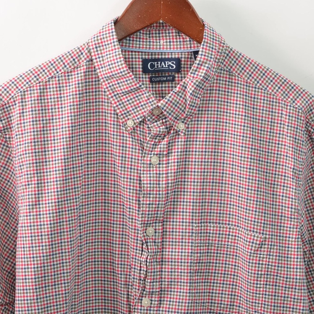 Chaps Custom Fit Slim Check Shirt Button Front Short Sleeve Cotton Mens XL