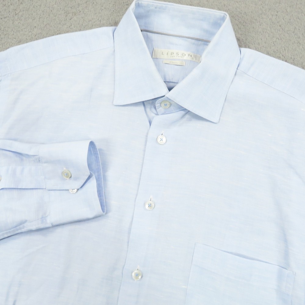 Lipson Shirtmakers Shirt Mens 16.5 Light Blue Classic Cotton Linen Button Up