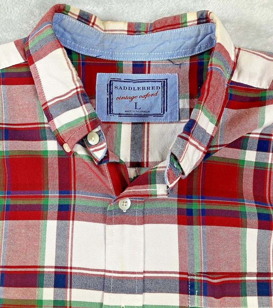SADDLEBRED Men’s Large Red Multicolor Plaid Brushed Cotton LS Button Down Shirt