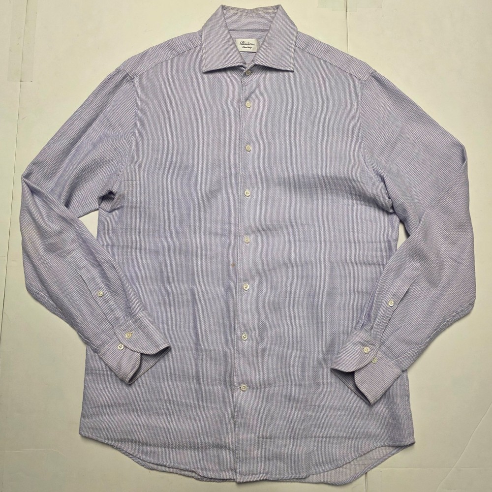 STENSTROMS Cotton SEERSUCKER Button Shirt Men LARGE L Purple Striped Fitted Body
