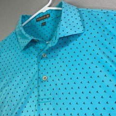 Peter Millar Men Shirt Large Blue Summer Comfort Golf Polo Shark Fin Fly Fishing