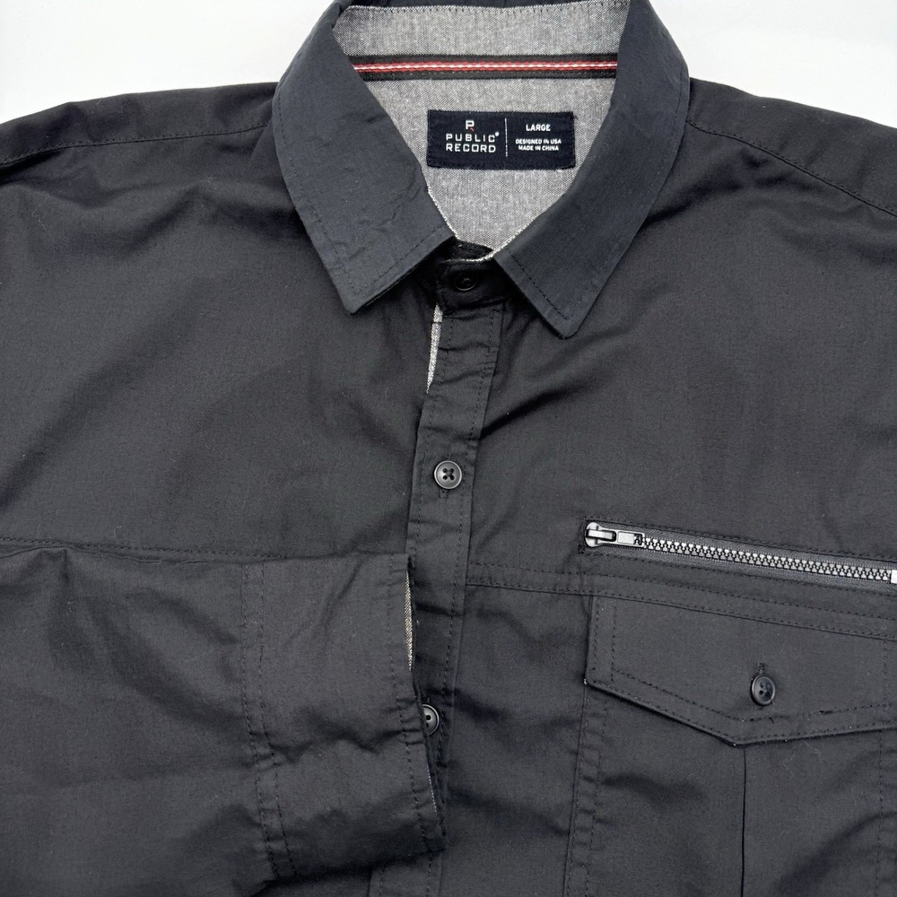 Public Record Button Down Mens Large Black Utility Zip Pocket Long Sleeve Shirt