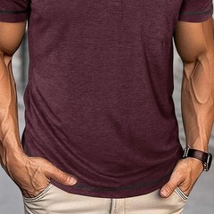 Men Short Sleeve Solid Half Open Collar T-shirt Button Pullover Casual Tee