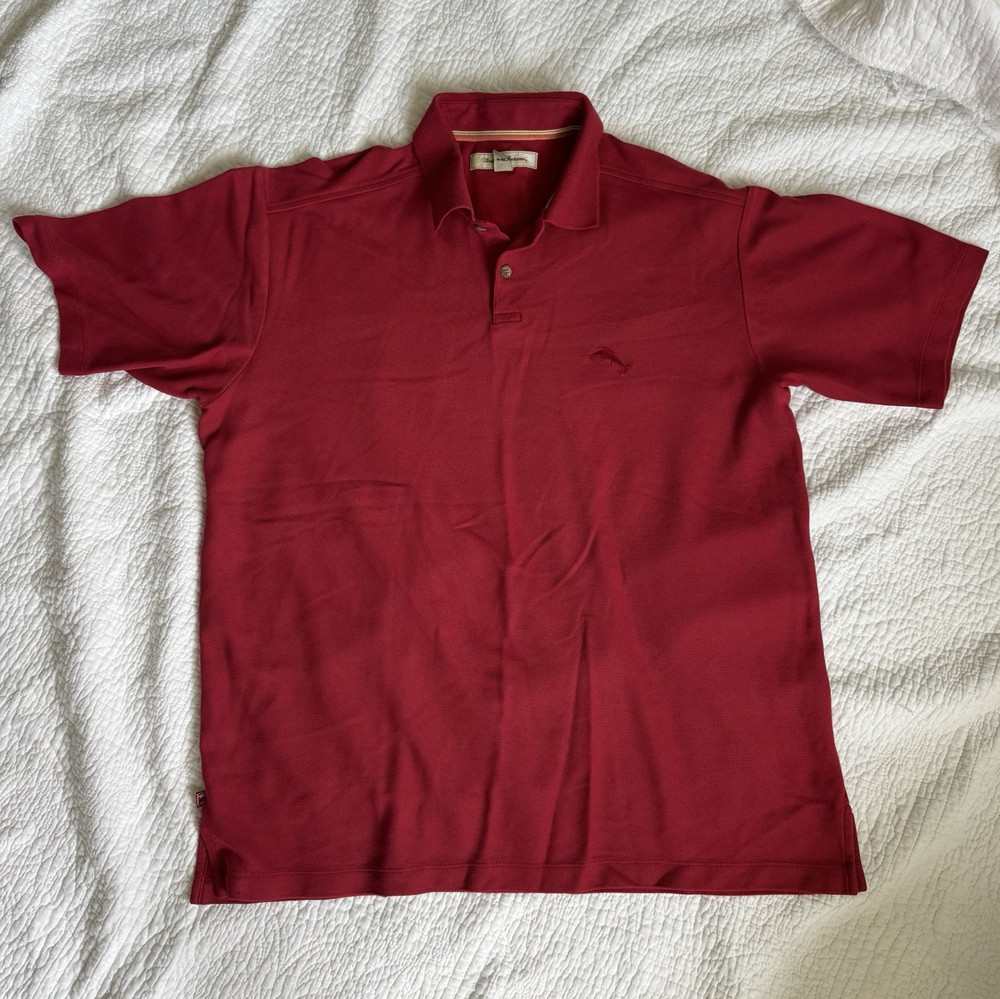 Tommy Bahama Men’s L Regular Red Solid Knit Pima/Poly Logo Polo Short Sleeve