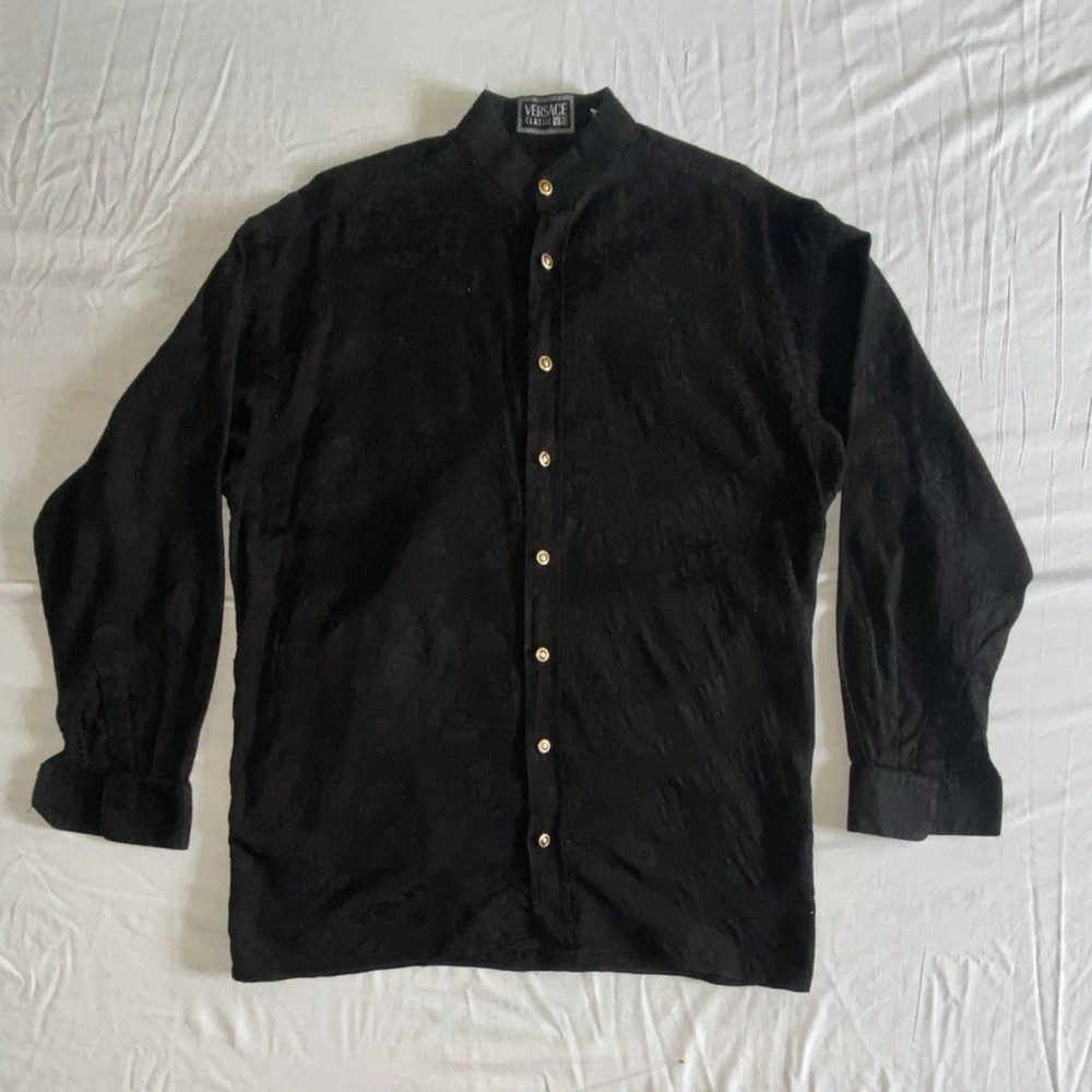 Versace Classic V2 Men’s Black Floral Jacquard Cotton Band Collar Shirt S