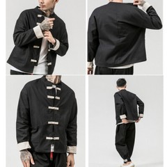 Chinese Tang Suit Men Kungfu Shirt Wing Chun Loose Jacket Pocket Frog Button New