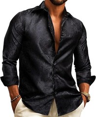 Mens Silk Paisley Western Shirt Long Sleeve Button Down Cowboy Dress Top Casual