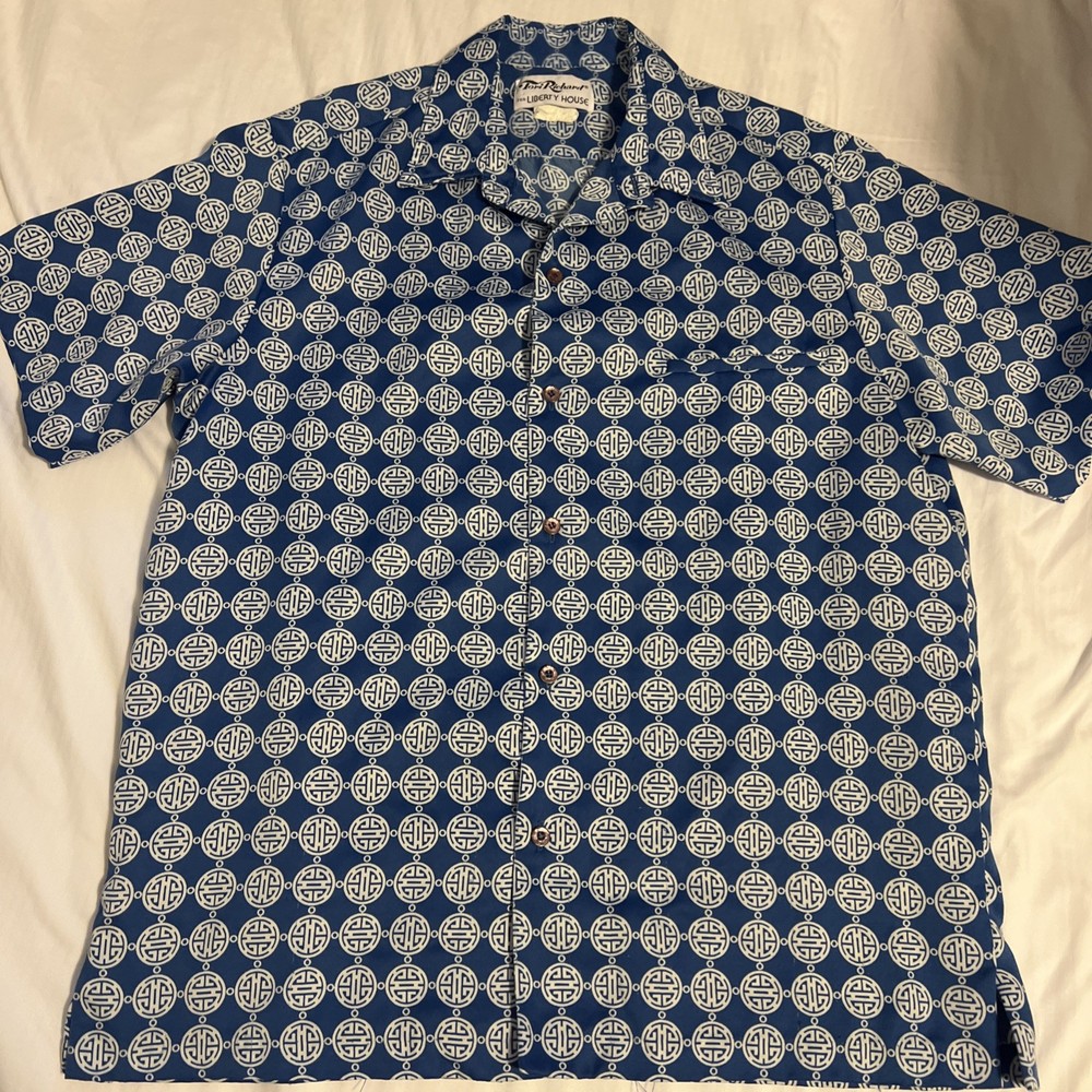 Vintage Tori Richard Hawaiian Shirt Medium Liberty House Blue Asian Theme Circle