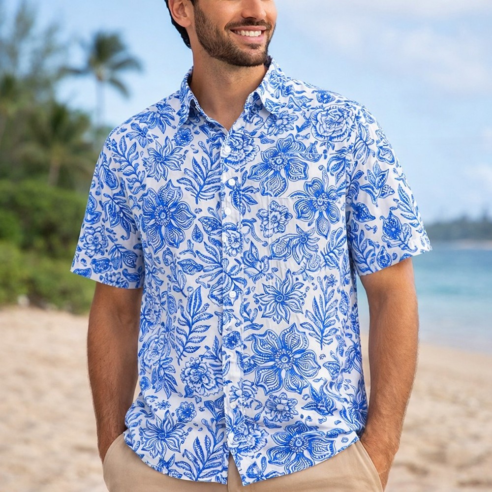 Blue White Floral Hawaiian Shirt Mens Large Tropical Camp Beach Resort Aloha