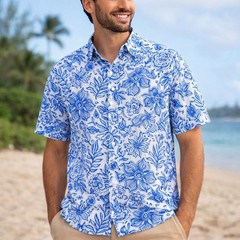 Blue White Floral Hawaiian Shirt Mens Large Tropical Camp Beach Resort Aloha