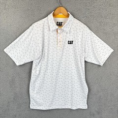 Cat Caterpillar Tractors Polo Shirt Mens Medium White All Over Print Bulldozer