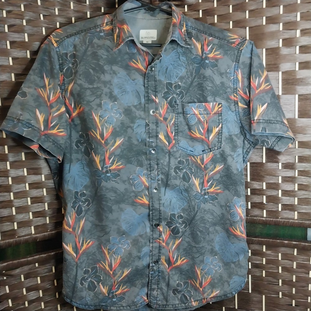 Burnside Button Down Shirt With Collar Grey Foral Print One Front Pocket Size M