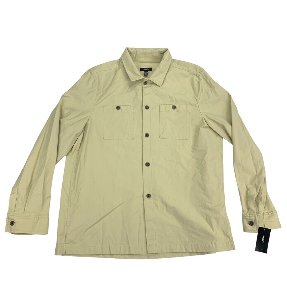 Alfani Mens Solid Twill Button Down Overshirt Pale Khaki Tan L