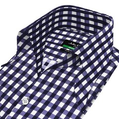 High Open Bow Collar Buttonless Navy Blue Gingham Checks Formal Event Mens Shirt