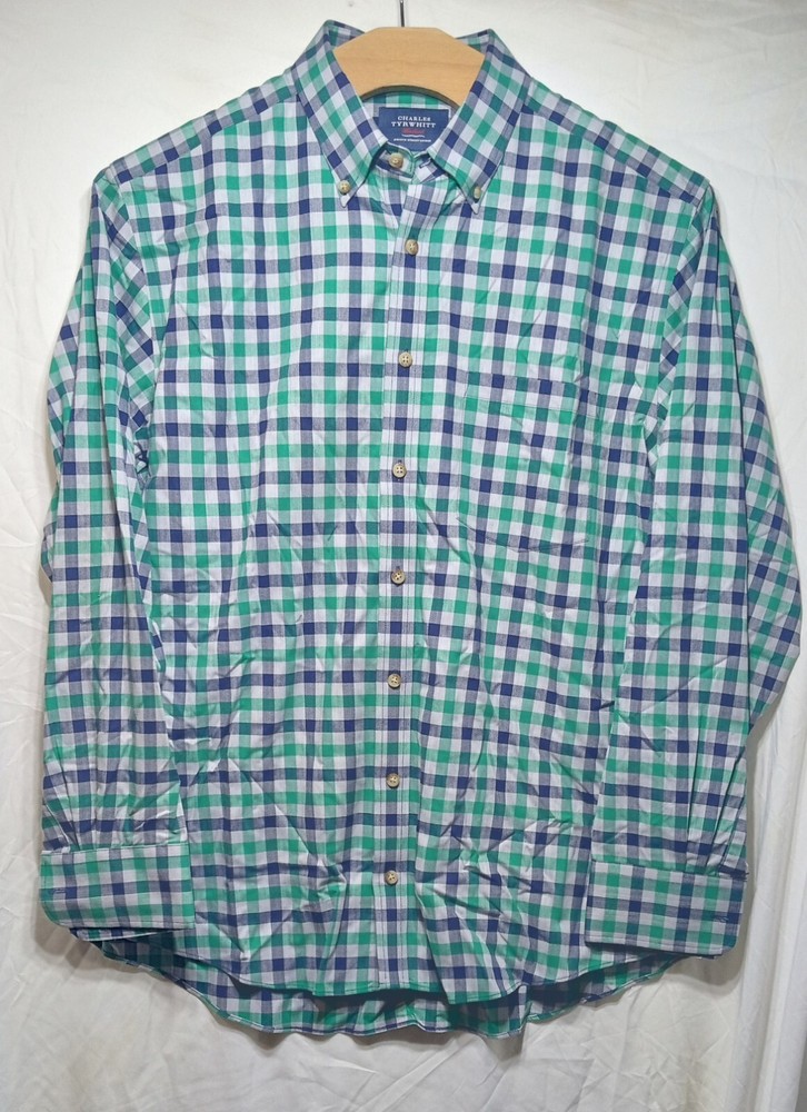 Charles Tyrwhitt Weekend Shirt Mens L Green Long Sleeve Button Up London Plaid