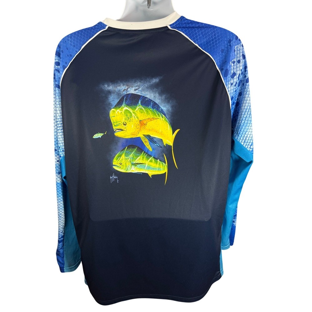 Guy Harvey Long Sleeve Performance Blue Shirt Size 2XL Mahi Mahi Dolphin