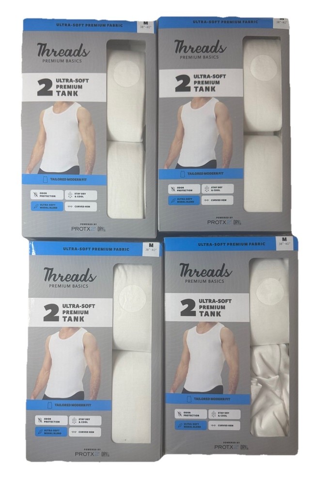 4X Threads Premium Basics White Men’s Tank Tops 2-Pack Ultra-Soft Breathable M
