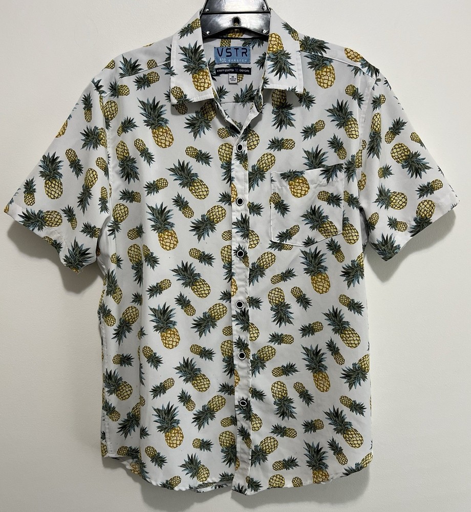 VSTR Pineapple Print Button Front Shirt Mens Medium White 4 Way Stretch Casual
