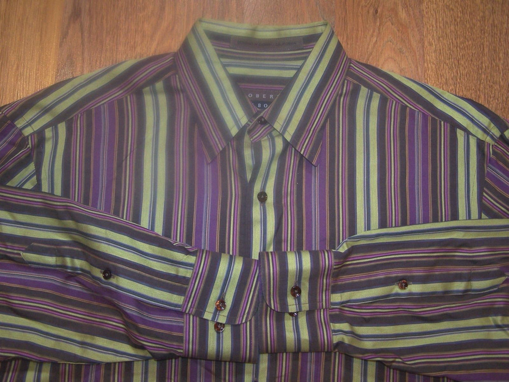 Robert Talbott Carmel L/S Button Front Purple Green Stripe Shirt Mens Sz Medium