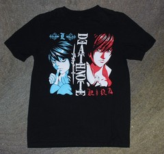 Death Note T-Shirt Duo Split Between Death Note Blue L & Red Kira – Size S – EUC