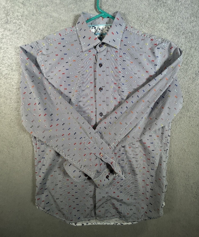 Visconti Black Men’s Medium Button Up Shirt Blue White Striped Bow Tie Print