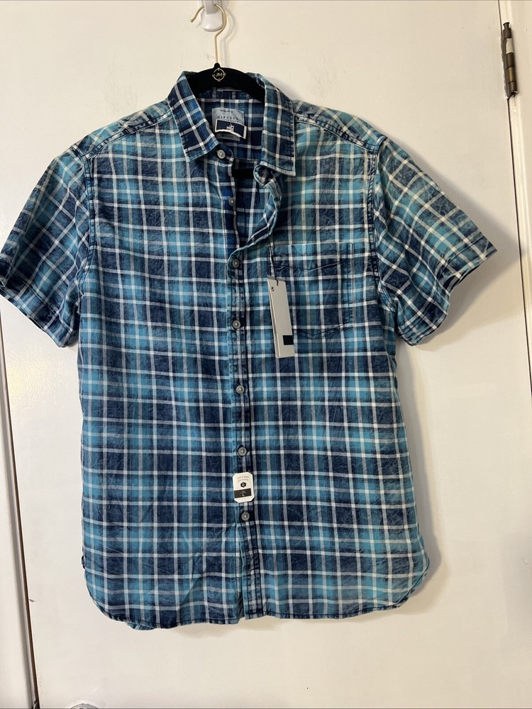 zip code button down shirt Blue Plaid Bleach Sz L Shirt Sleeve MSRP $54