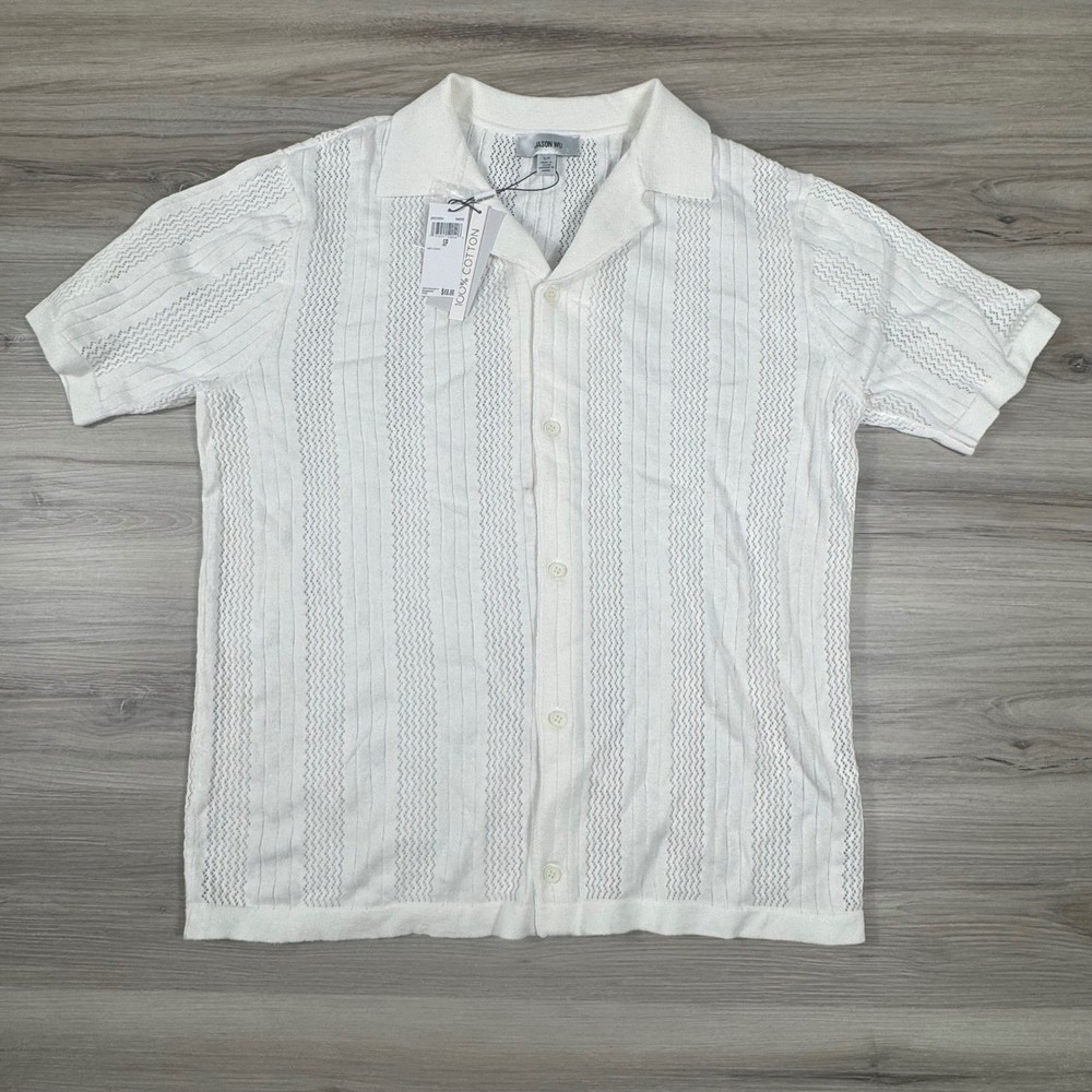 Jason Wu White Cotton Knit Button Down Camp Shirt Short Sleeve Mens