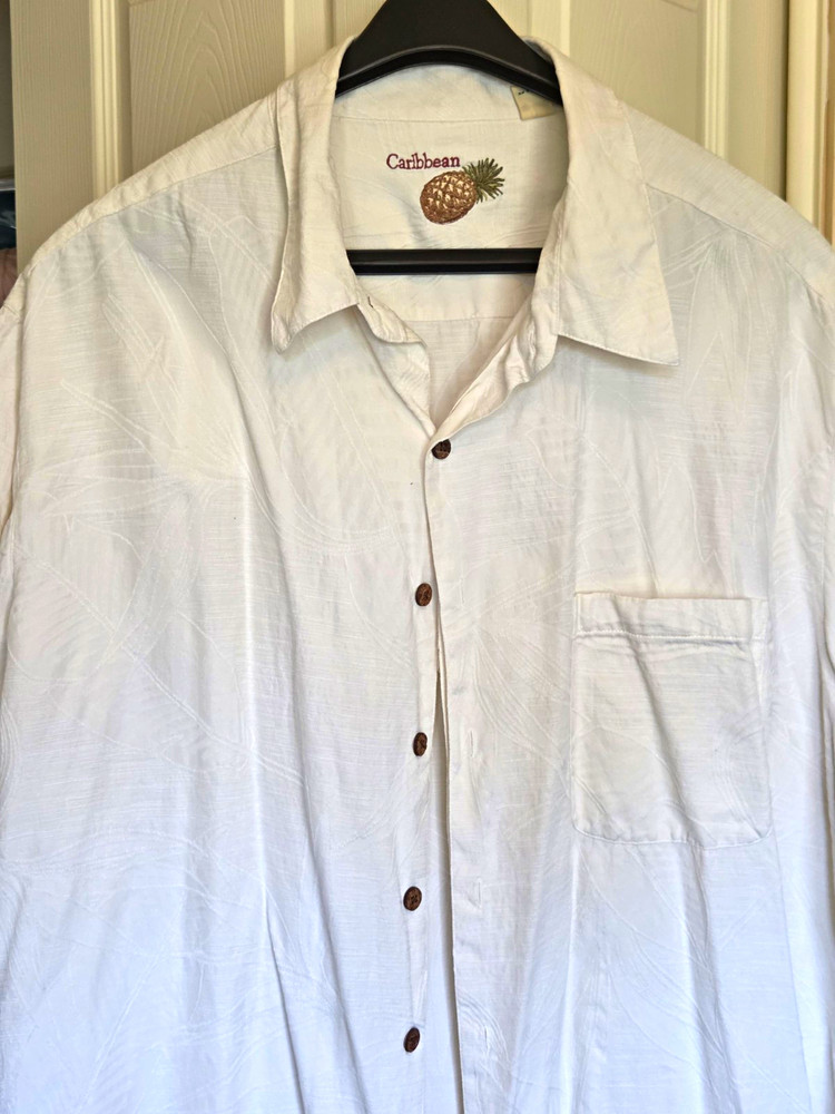 Caribbean Men’s 3XT White Solid Button-Up Shirt Short Sleeve Silk Cotton Pockets