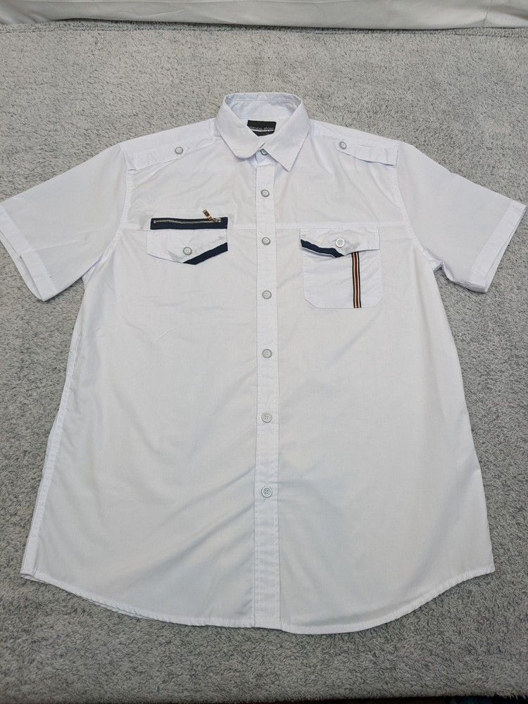 Vertical Sport Slim Fit Men’s Button Up Shirt M White Epaulets Zip Pocket Casual