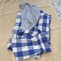 Blue Gray Plaid Hooded Button-Up Shirt 2XL Woven Polyester Cotton Long Sleeve