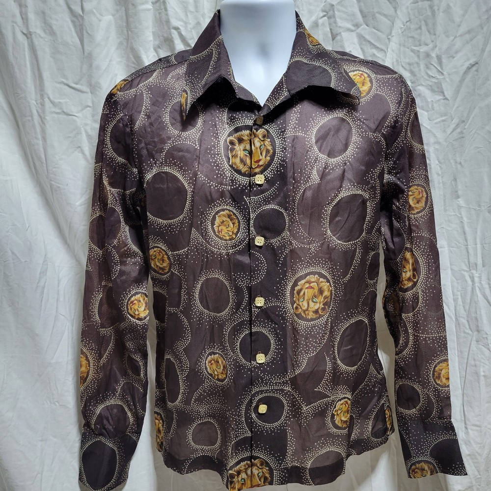 Vintage D’Avila Lion Head Pattern Sheer Shirt Adult Sz M Brown Big Collar Disco