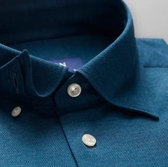 Men ETON Blue Button Under Collar Single Cuff Pique Shirt Slim Fit Size L