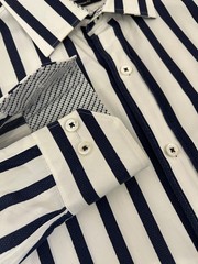 Bugatchi Uomo 100% Cotton Blue White Wide Striped Spread Contrast Collar Shirt L