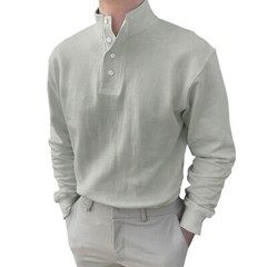 Men Button High Neck Stand Collar Solid Blouse Long Sleeve Top Cotton Shirt