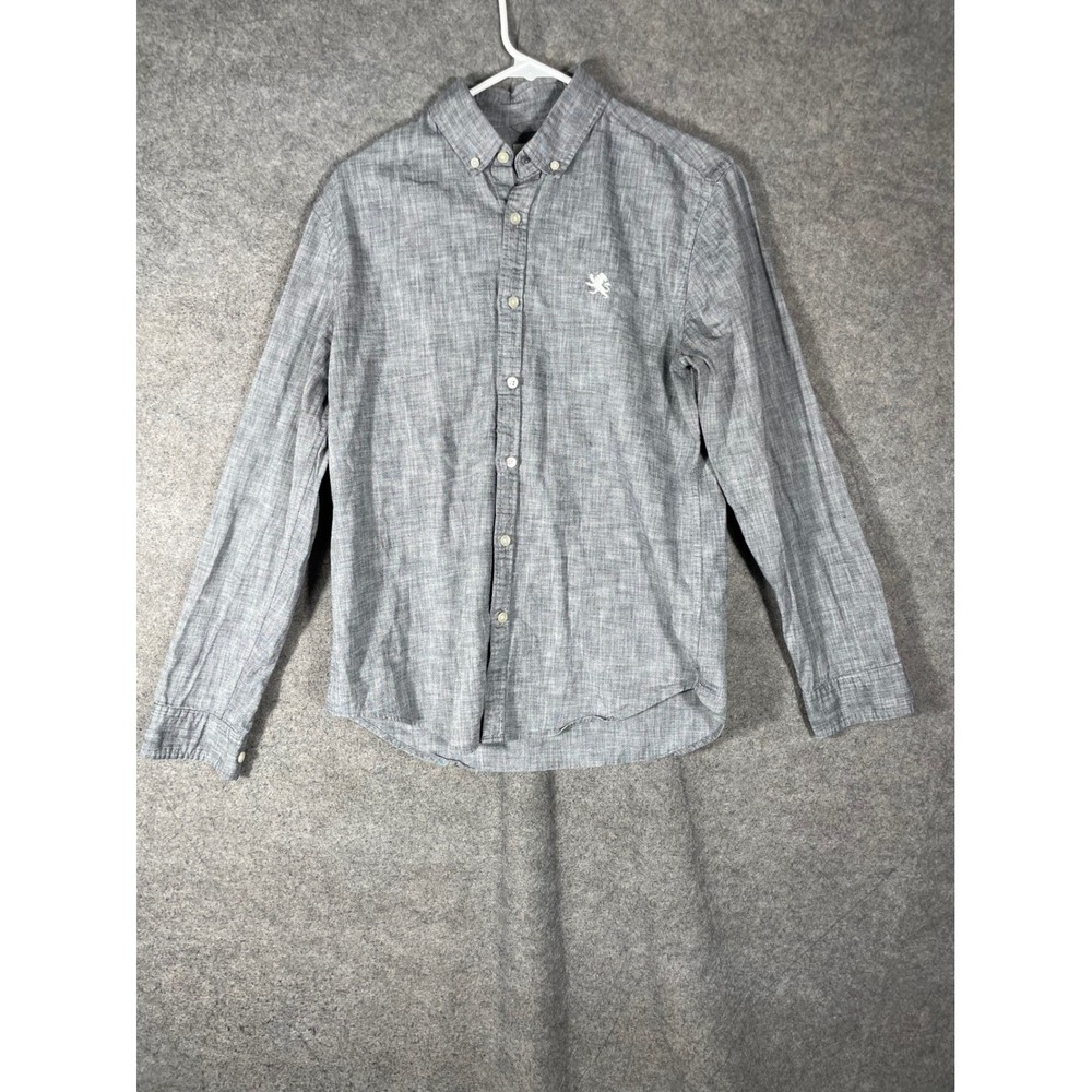 Express Mens Gray Chambray Cotton Button Down Shirt Lion Logo Long Sleeve Size M