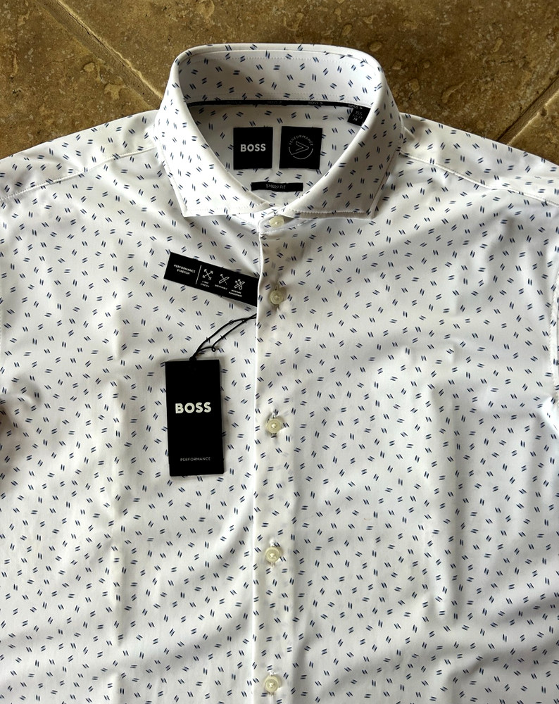 Hugo Boss Max Sharp Fit Performance Dress Shirt 16 34/35 Blue Geo $149 NWT